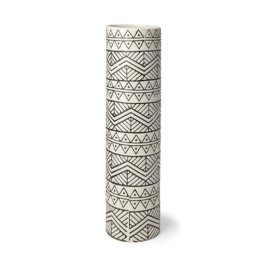 17" Cream and Charcoal Geometric Cylinder Ceramic Vase-0